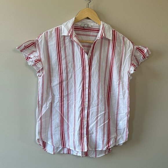 Madewell Central Ruffle-Sleeve Button Down Shirt in Carey Stripe Size XXS - Picture 1 of 5